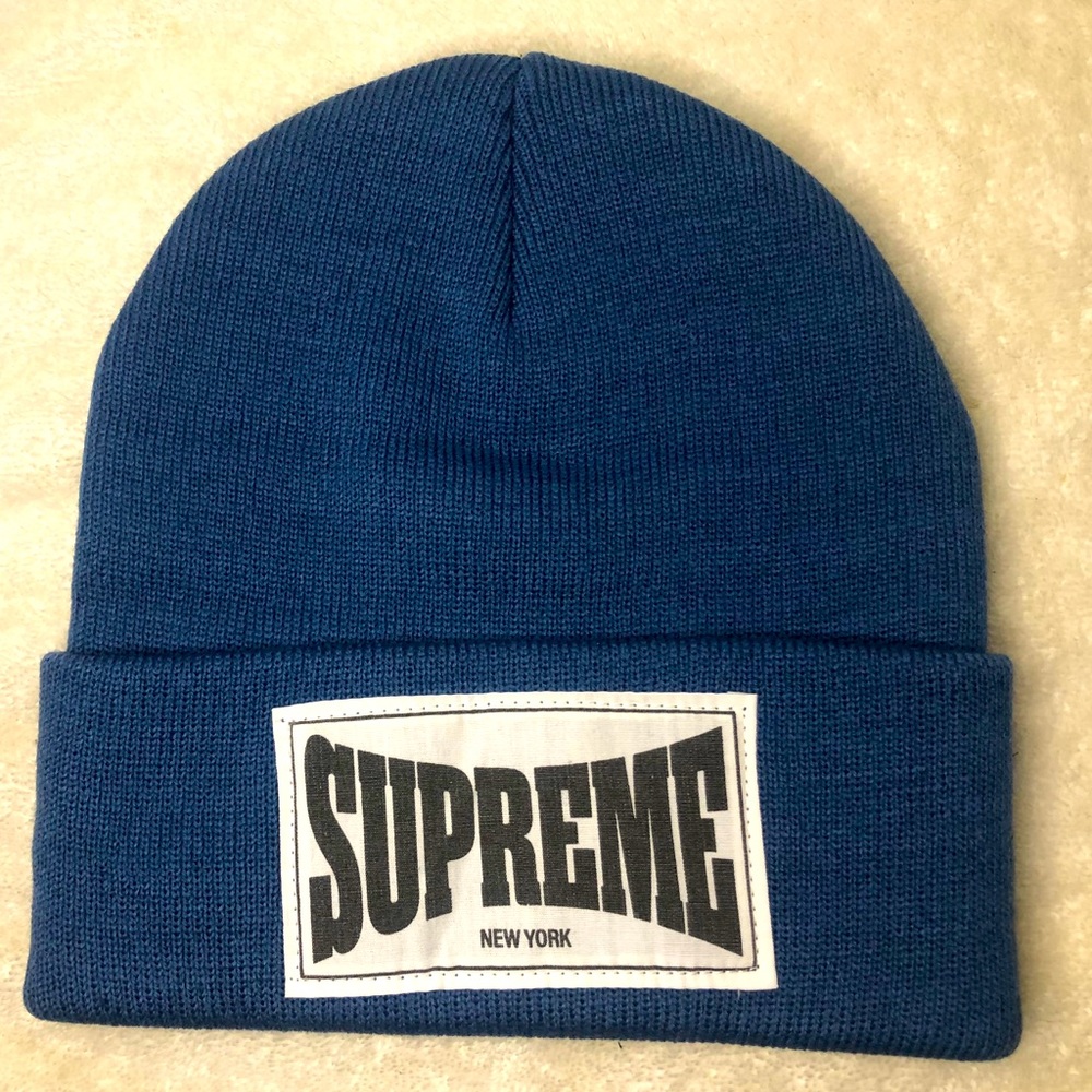 Supreme Woven Label Beanie Blue